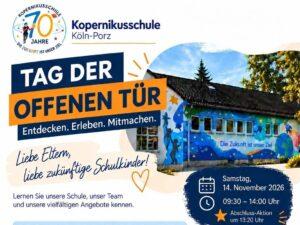 Plakat „Tag der offenen Tür“ der Kopernikusschule Köln-Porz: Samstag, 14. November 2026, 9:30 bis 14:00 Uhr
