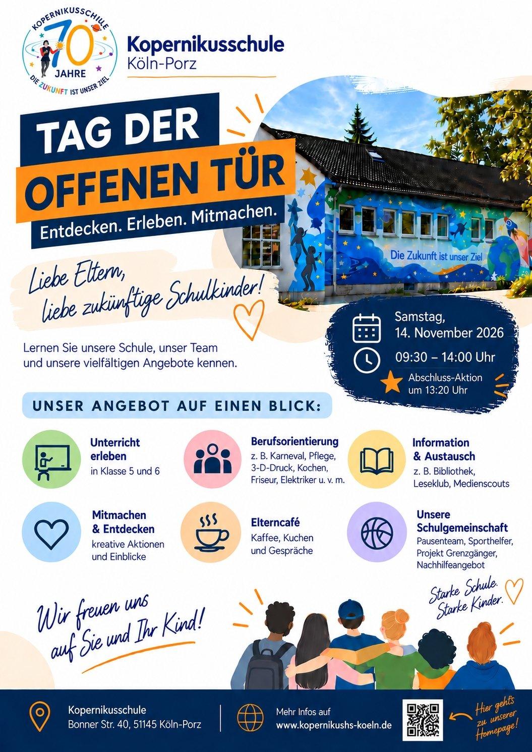 Plakat zum Tag der offenen Tür der Kopernikusschule am Samstag, 14. November 2026, 9:30 bis 14:00 Uhr, Bonner Straße 40 in Köln-Porz